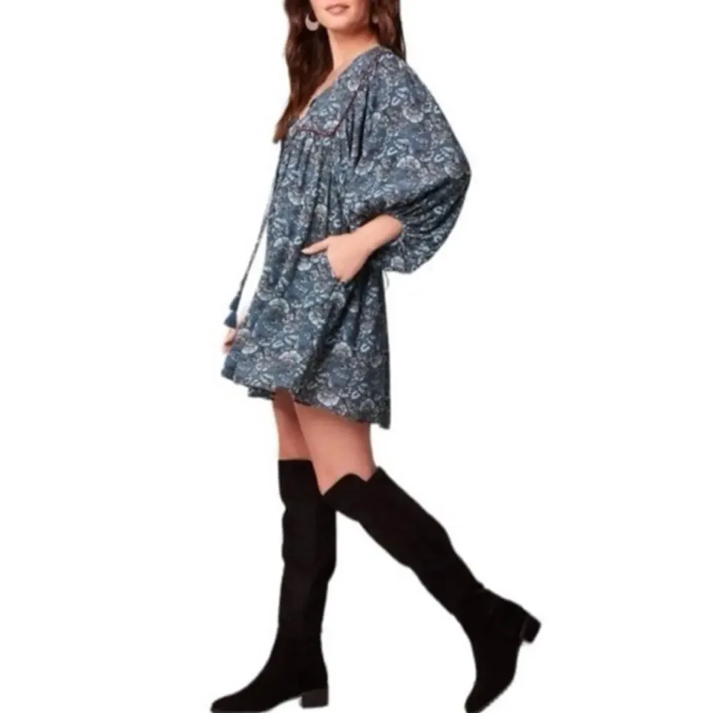 Band of the Free puff sleeve pocket short mini dress Aqua Teal floral BOG Small - Picture 16 of 16
